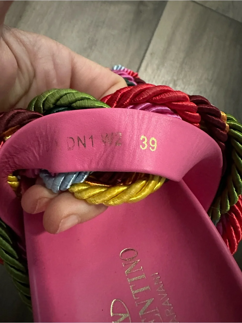 Valentino Pink Slide Sandals with Multicolor Braided Rope Straps